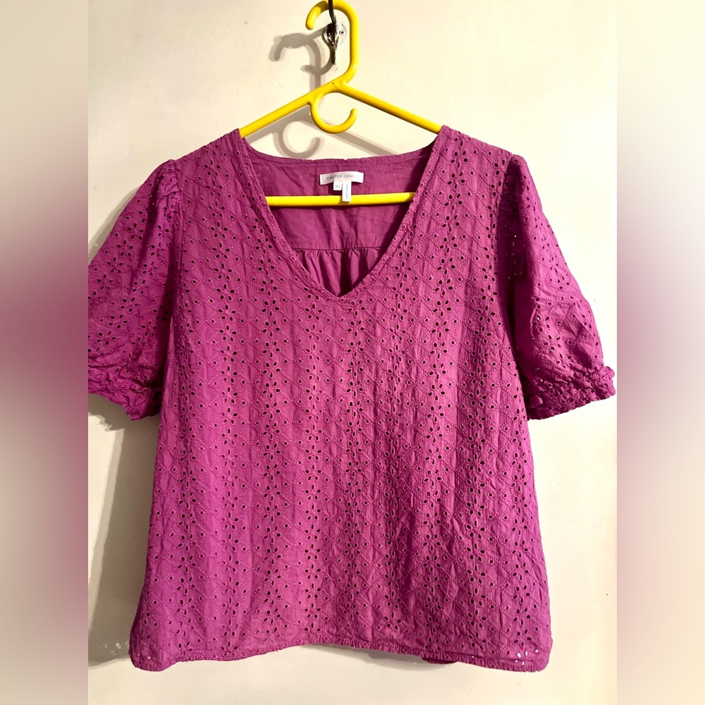Draper James Magenta Purple Eyelet Puff‎ Short Sleeve V-Neck Top-Size XL